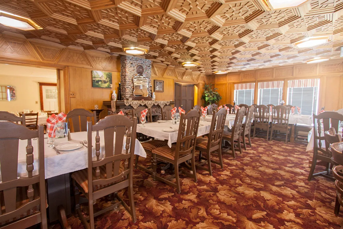The Golden Oak Room with a long banquet table