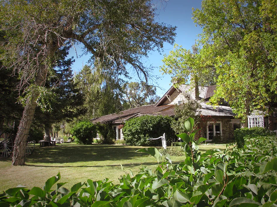 The manor framed by mature trees